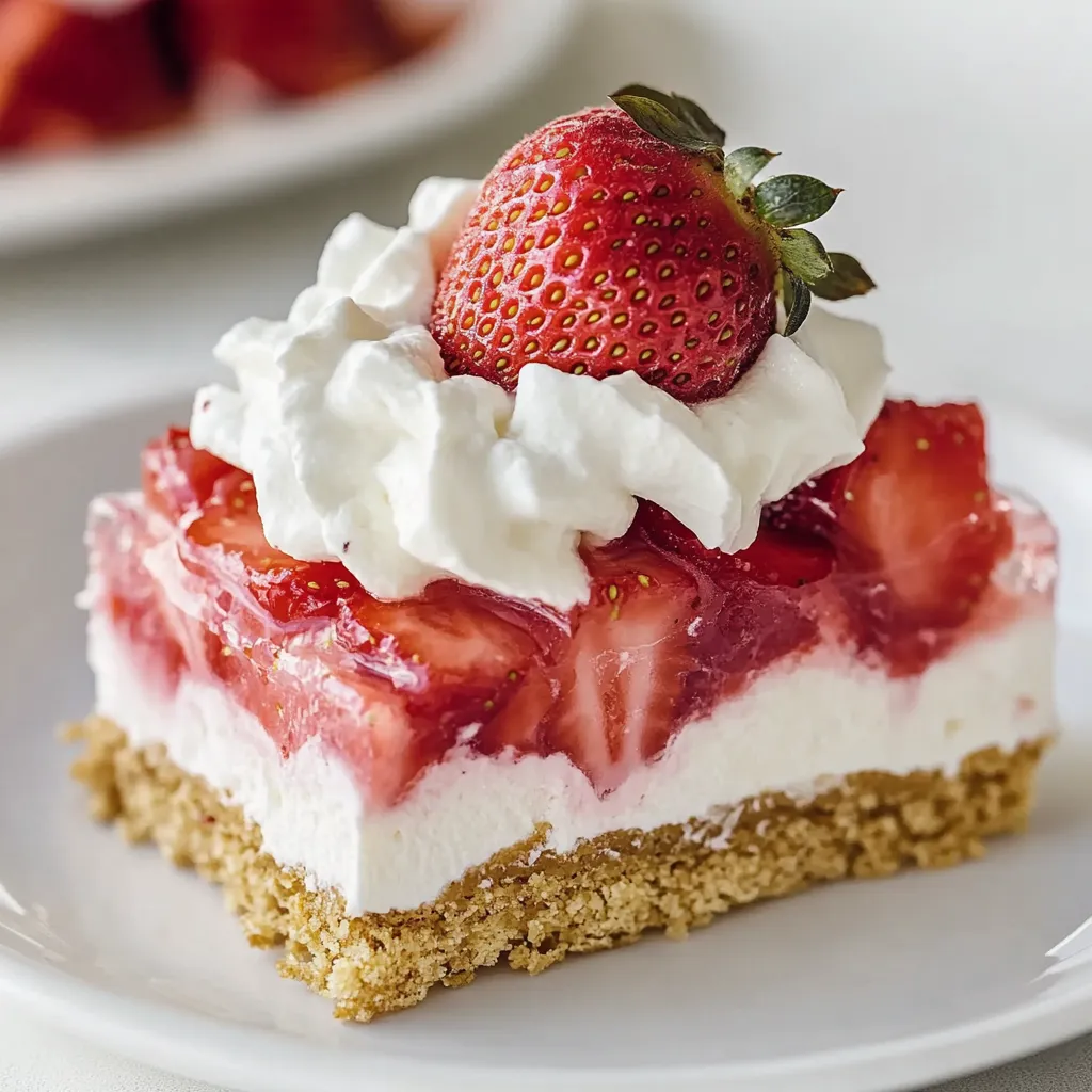 A slice of strawberry jello pretzel salad.