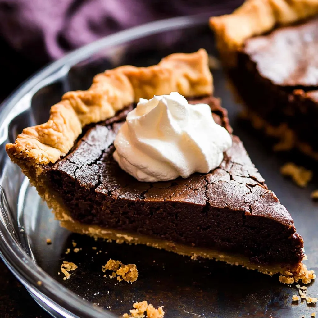 A slice of chocolate pie with whipped cream on top.