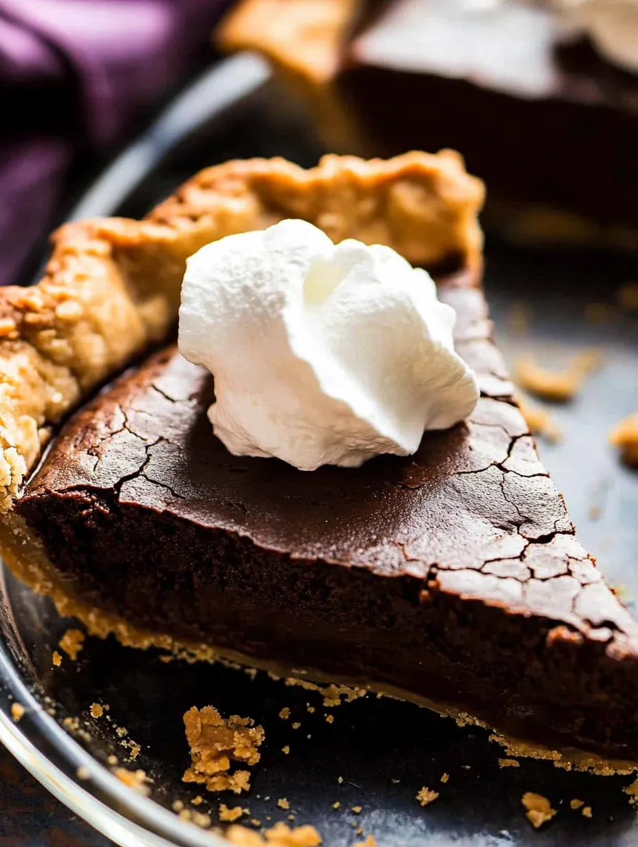A slice of chocolate pie with whipped cream on top.