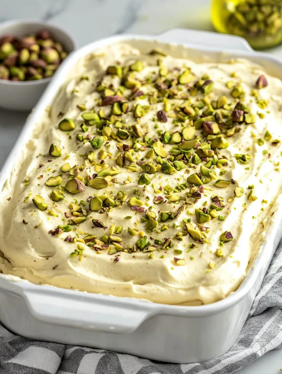 A white bowl filled with a vegan pistachio tres leches dessert.