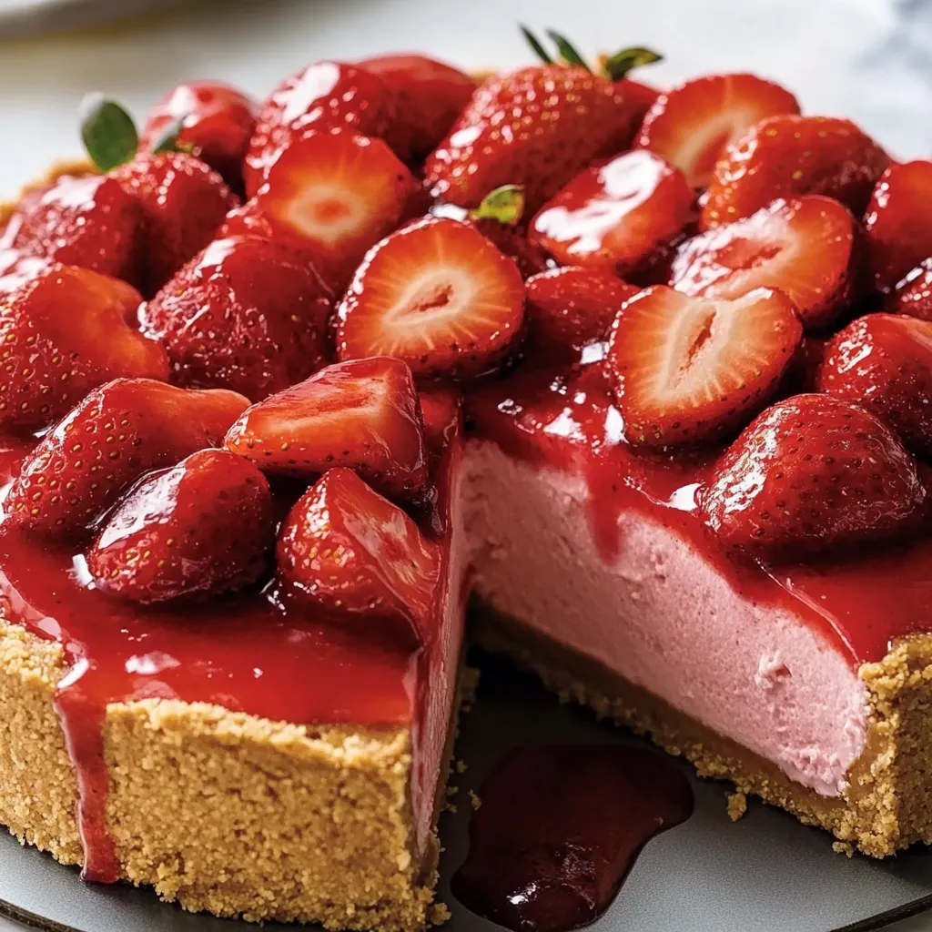 A slice of strawberry cheesecake on a plate.