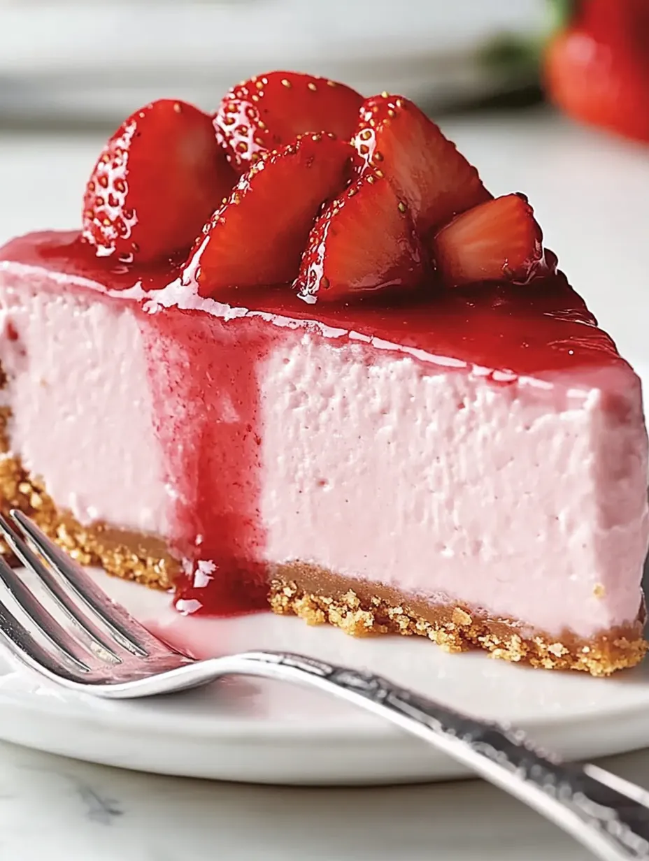 A slice of strawberry cheesecake with a fork.
