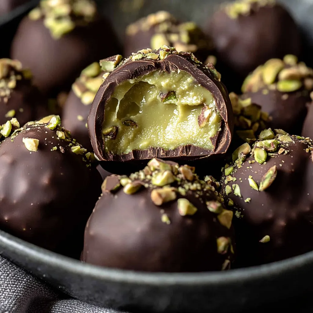 A bowl of chocolate balls with pistachio filling.