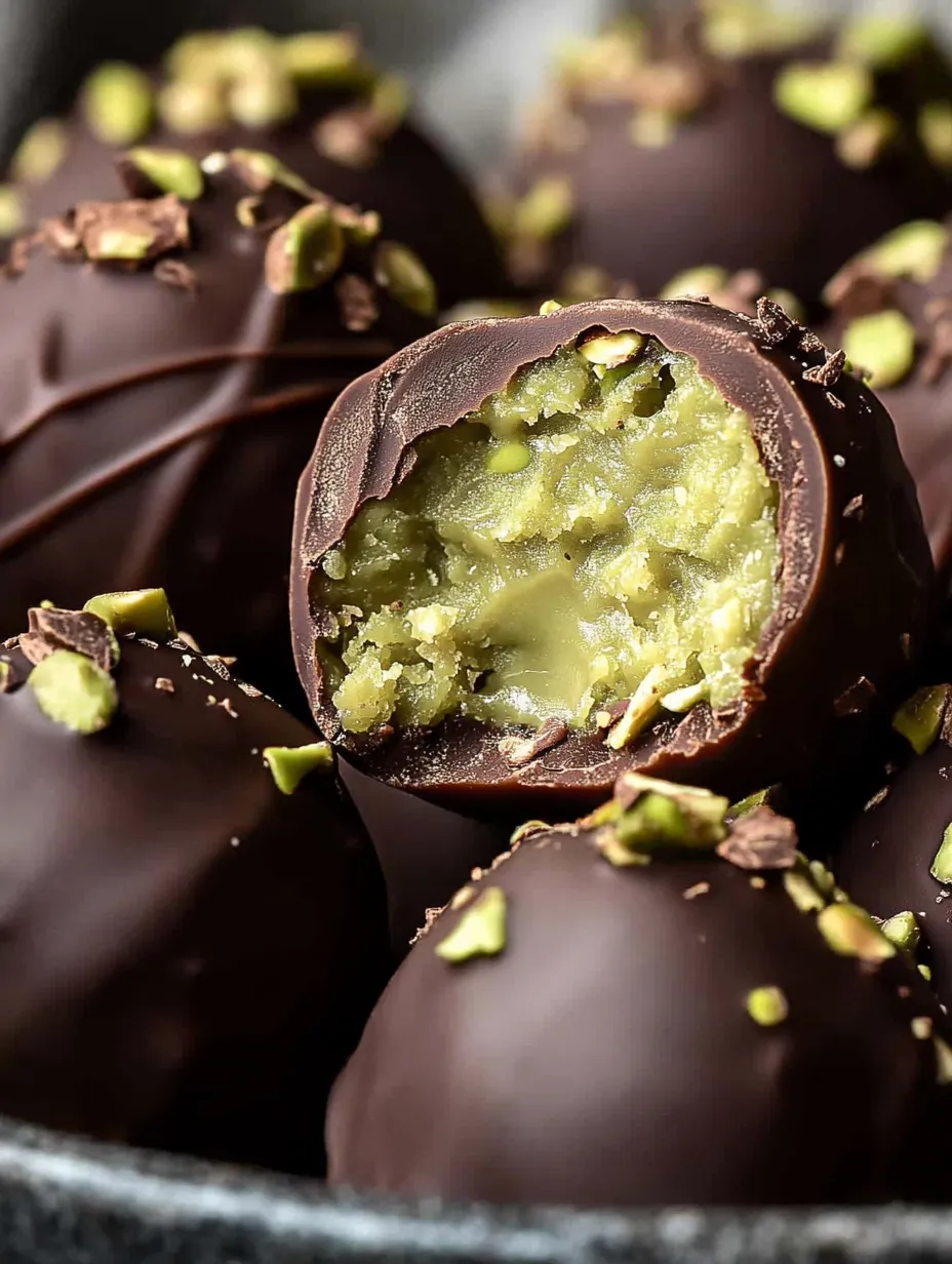 A chocolate ball with a pistachio filling.