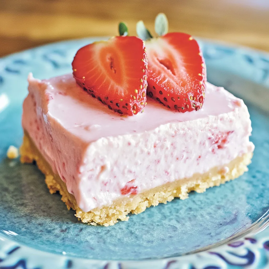 A slice of no-bake strawberry cheesecake bars.
