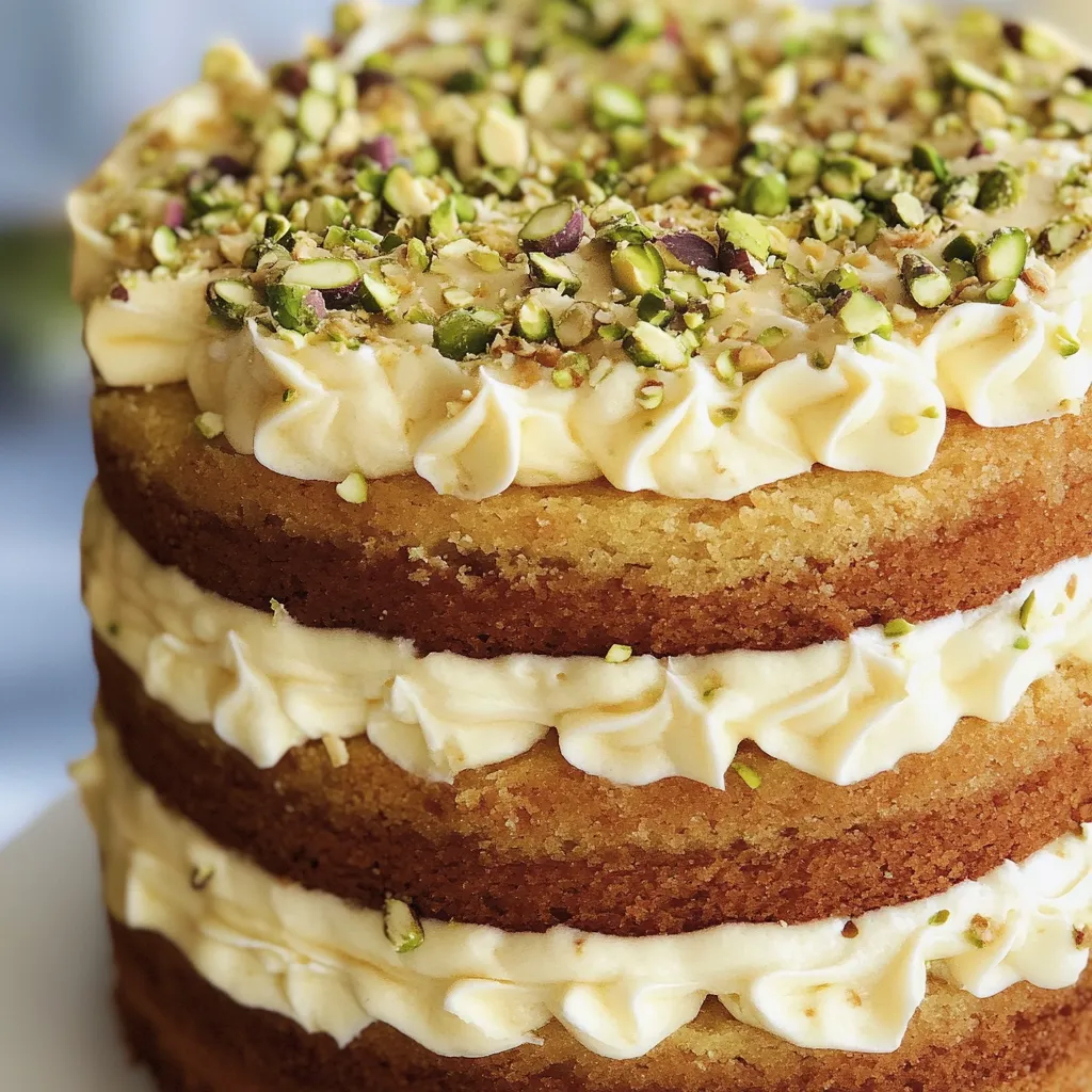A three-layered cake with white frosting and pistachio nuts.