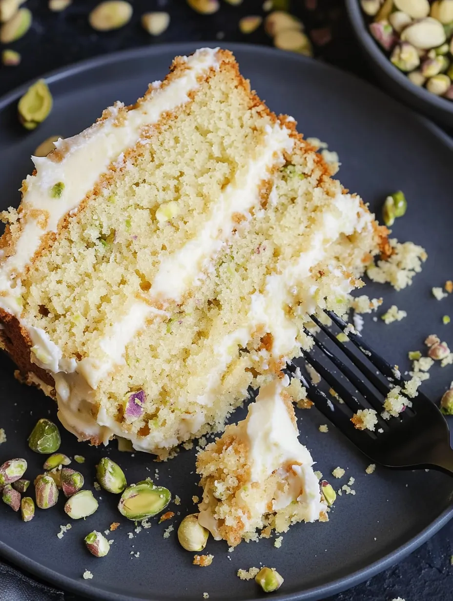A slice of white chocolate and pistachio cake.