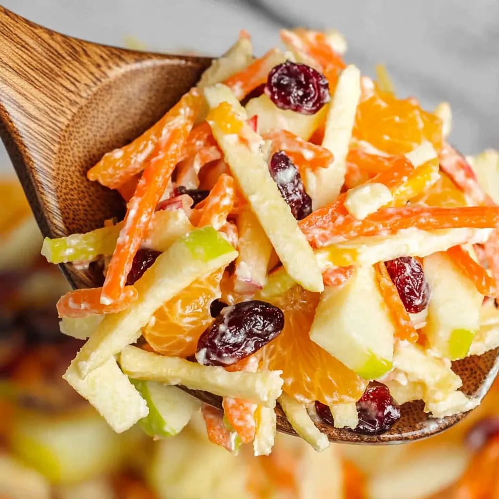 A wooden spoon full of carrot apple salad.