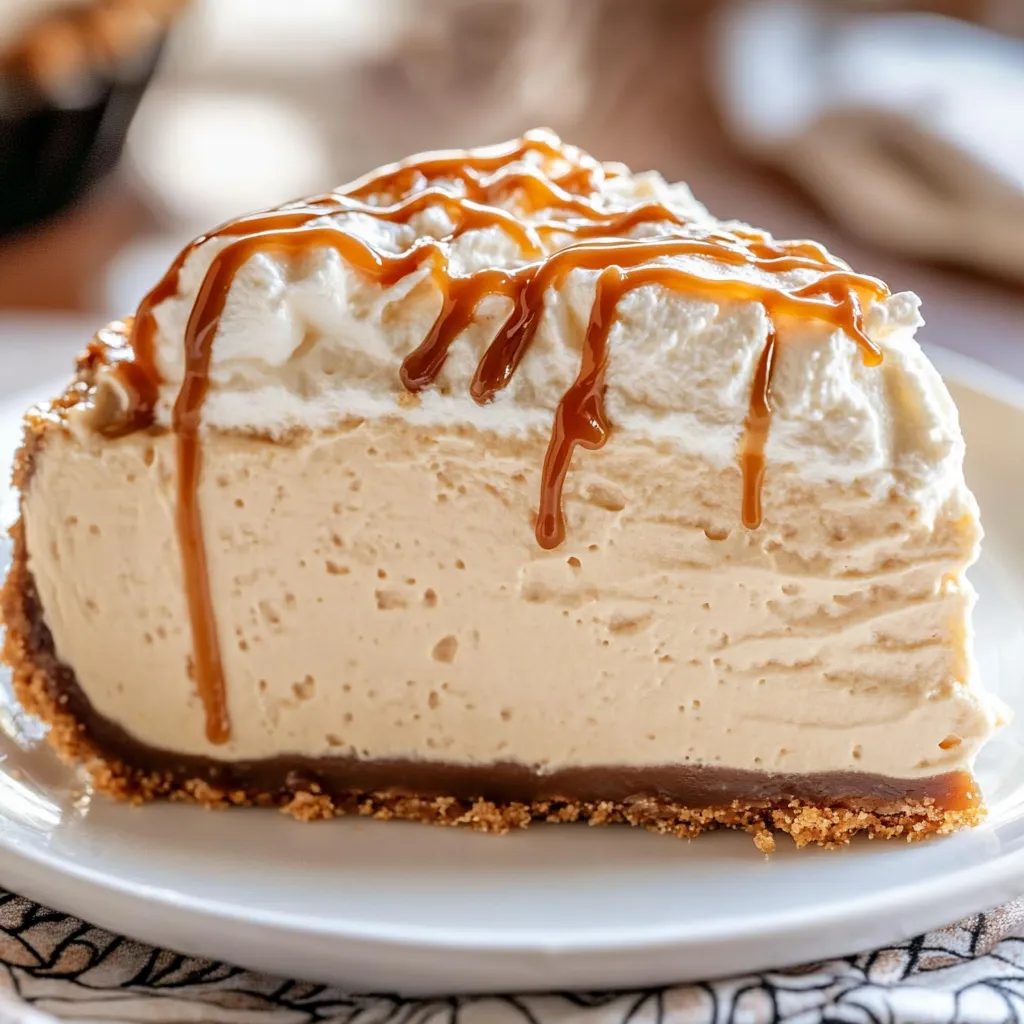 A slice of caramel cream pie on a plate.