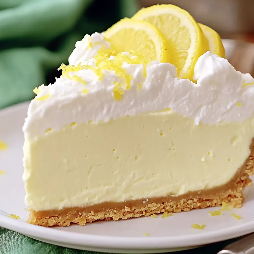 A slice of lemon cheesecake on a white plate.