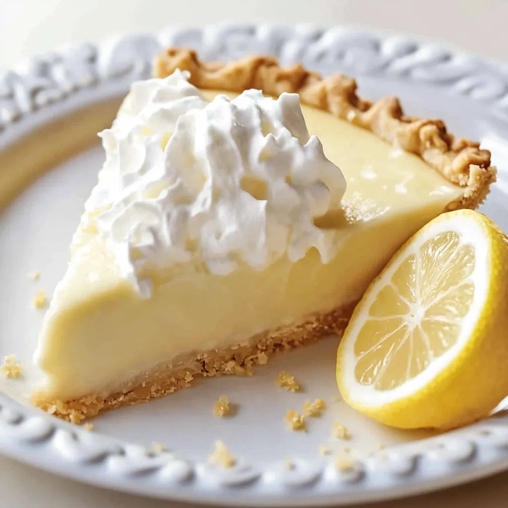 A slice of lemon icebox pie with whipped cream on top.