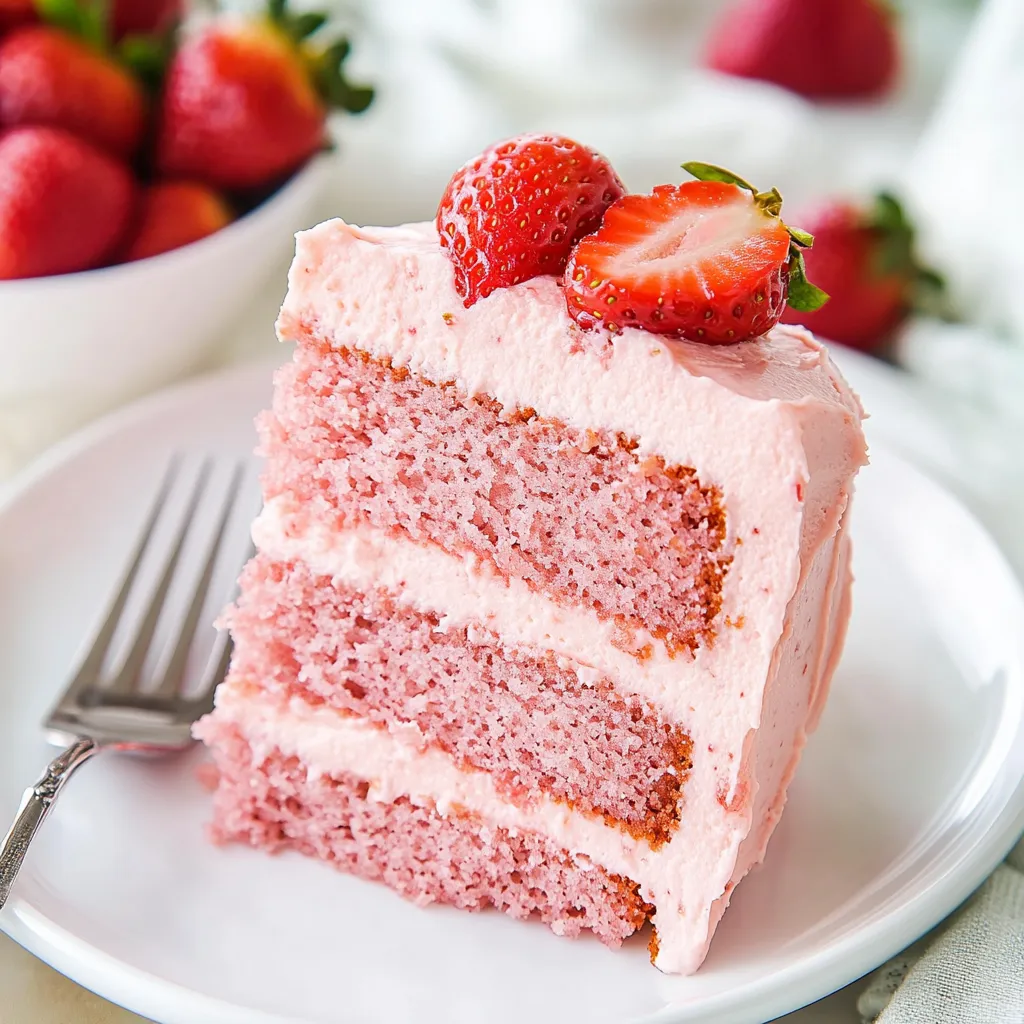 A slice of pink cake with strawberries on top.