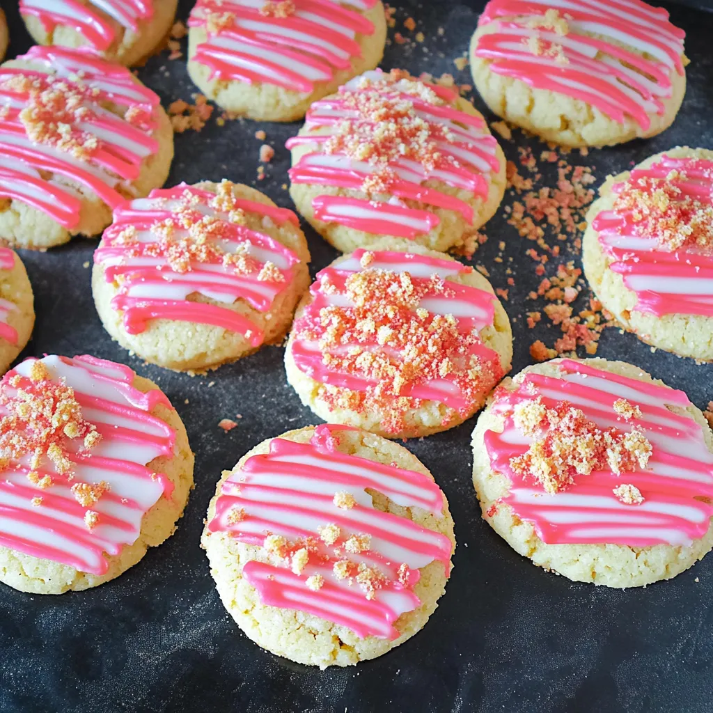 Pink and white cookies with pink frosting.