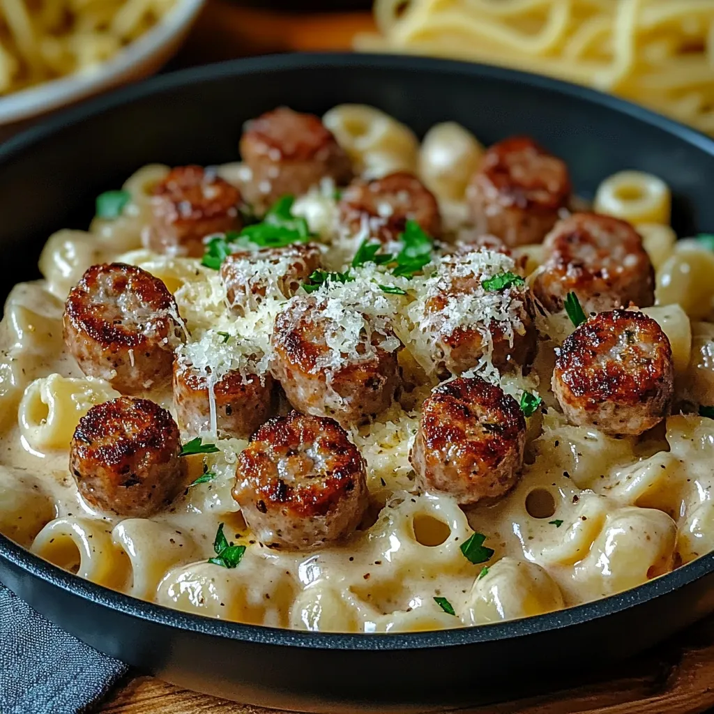 A plate of sausage and pasta with cheese on top.