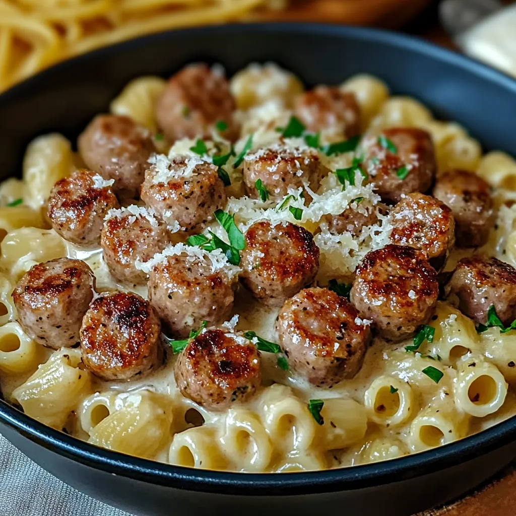 A bowl of pasta with sausage and cheese.