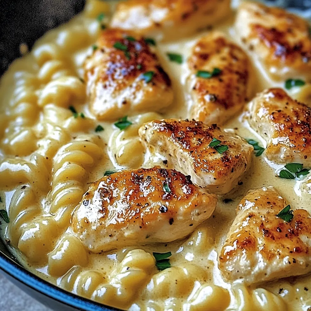 A bowl of creamy garlic butter chicken and rotini in parmesan sauce.
