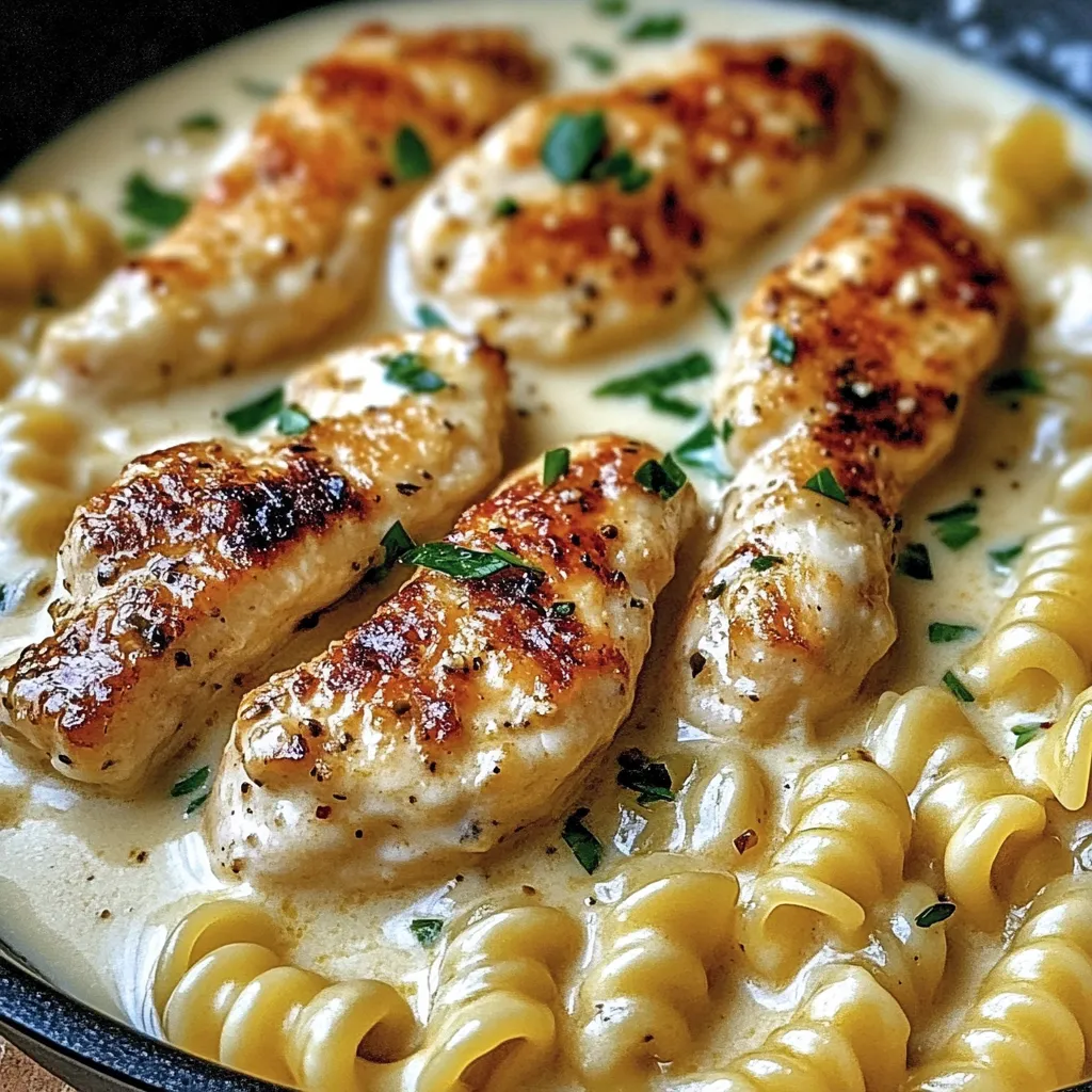 A dish of chicken and pasta with a creamy garlic sauce.
