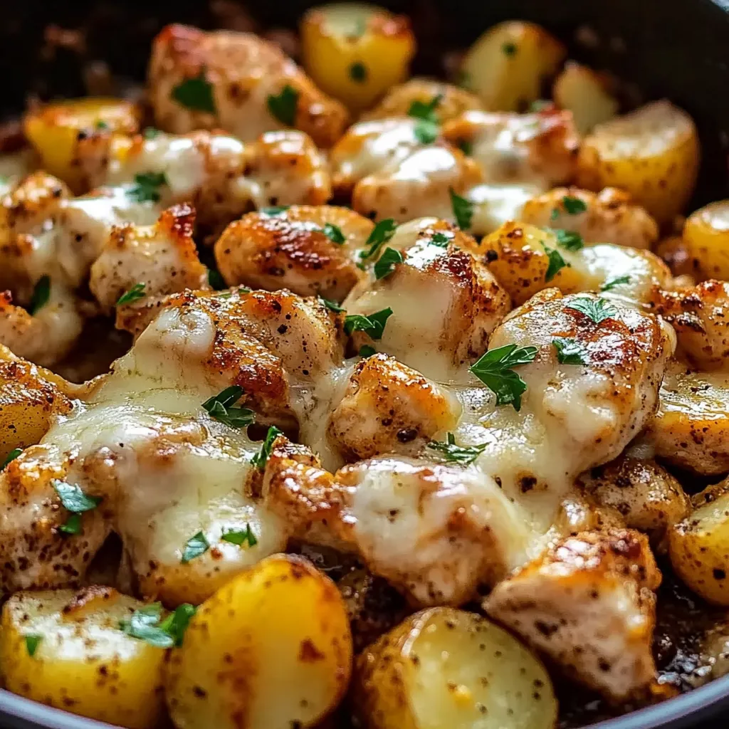 A dish of garlic Parmesan chicken and potatoes.