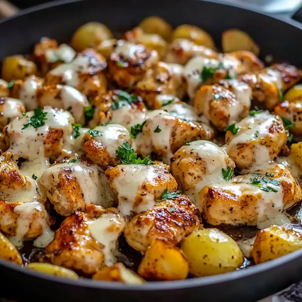 A pan of garlic Parmesan chicken and potatoes.