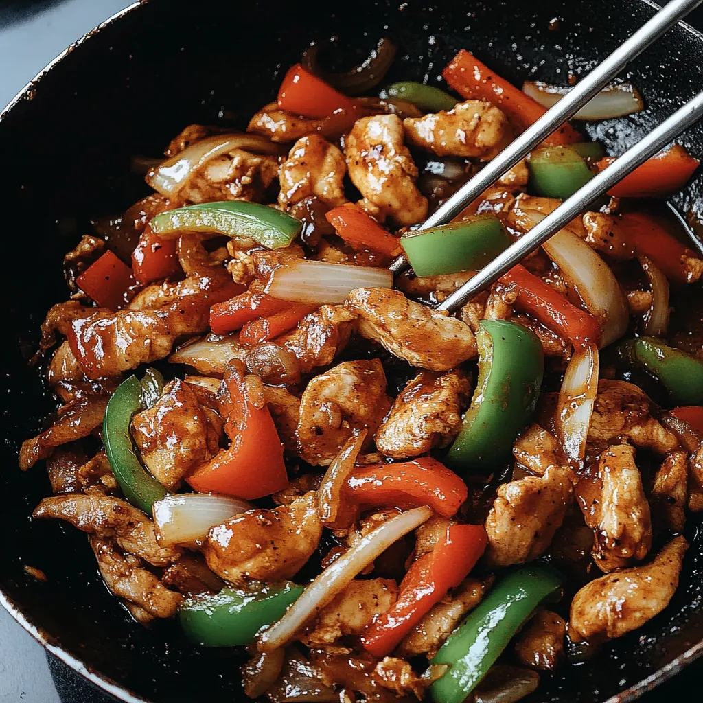 A plate of black pepper chicken with a fork and knife.
