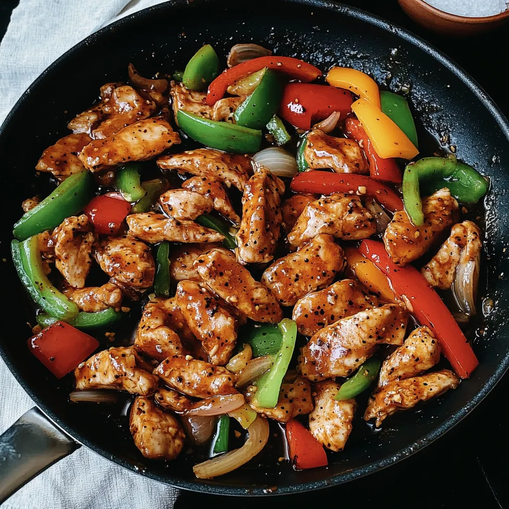 A pan of black pepper chicken with peppers and onions.