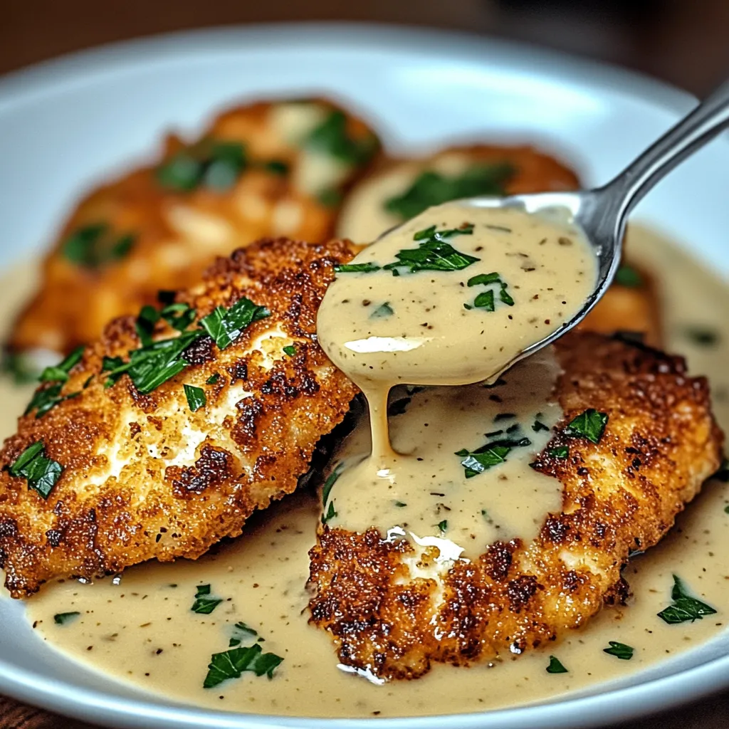 A plate of chicken with a garlic sauce drizzled over it.