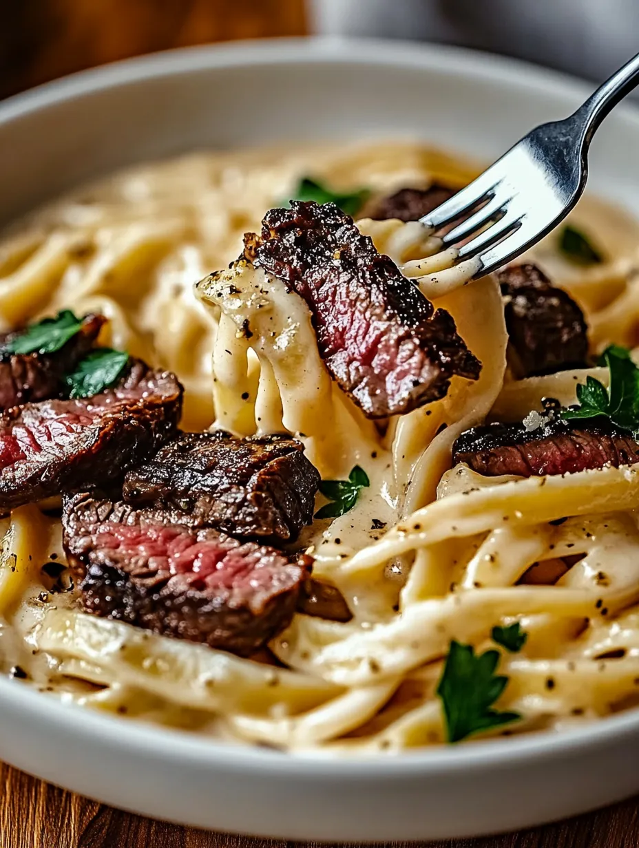 A fork is stuck in a bowl of pasta with meat.