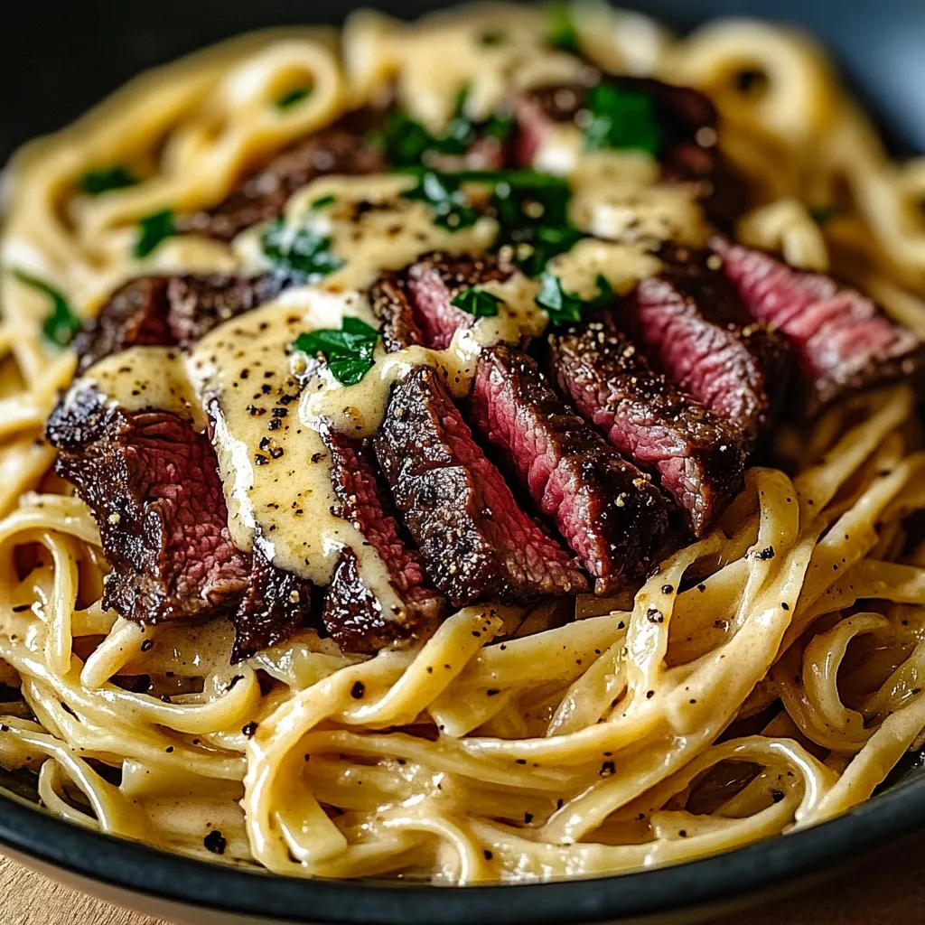 A plate of garlic butter steak lightning noodles.