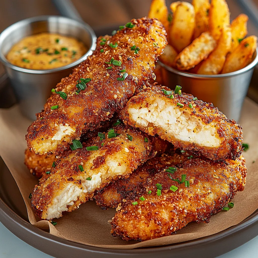 A plate of chicken tenders with a dipping sauce.