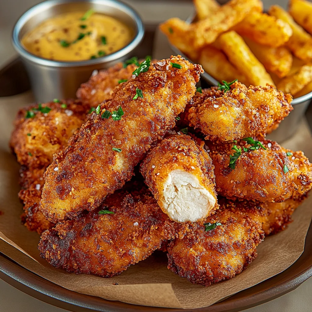 A plate of fried chicken tenders with a dipping sauce.