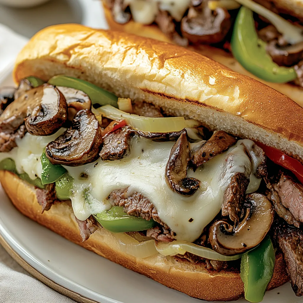 A close up of a cheesesteak sandwich with mushrooms and peppers.