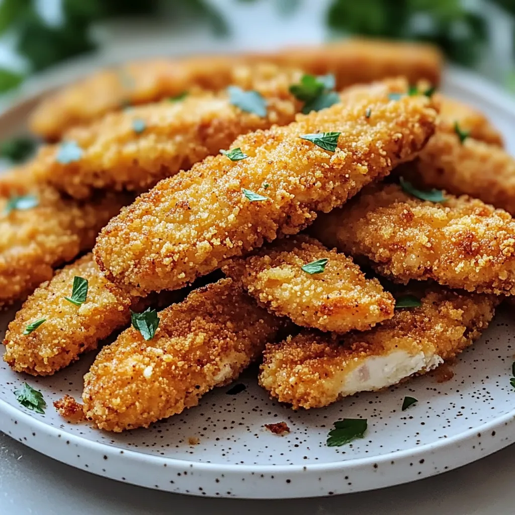 Crispy baked chicken tenders on a plate.