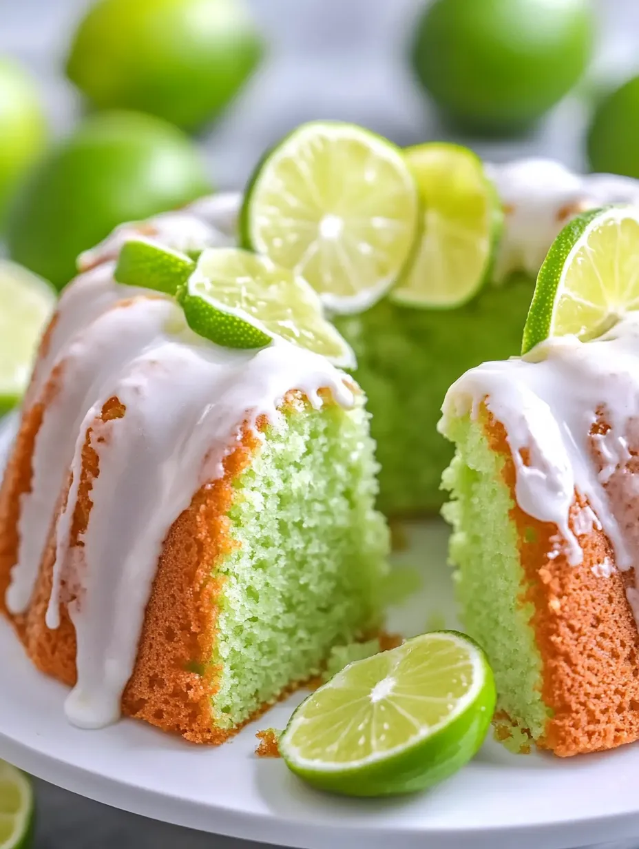 A slice of key lime pound cake with lime wedges on top.