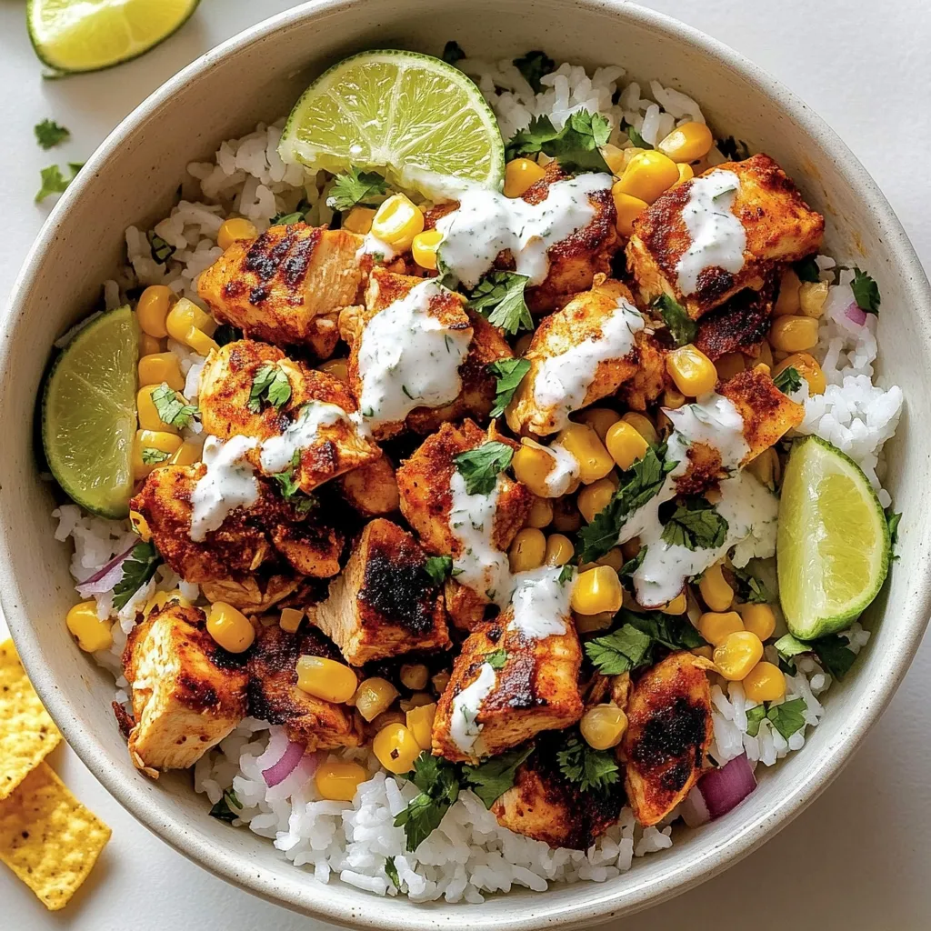 A bowl of chicken and rice with lime wedges on the side.