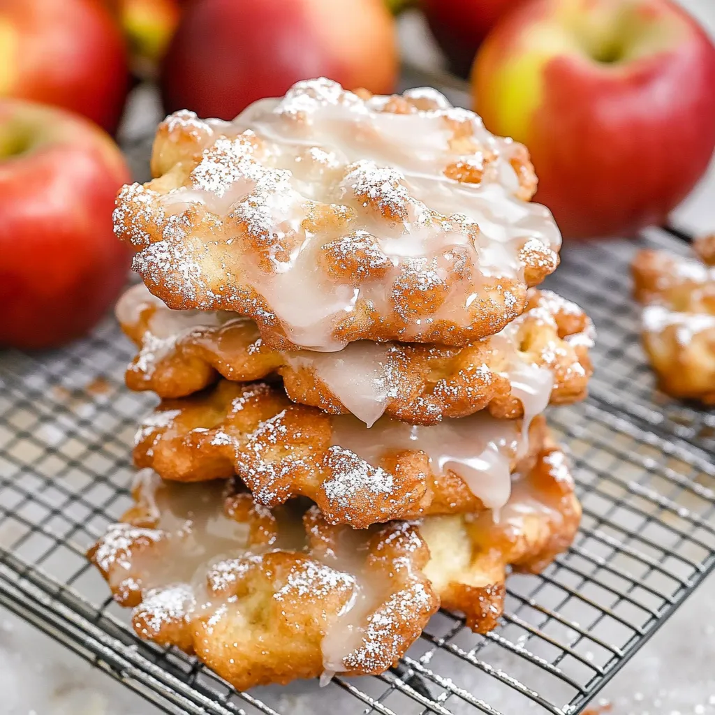 A stack of apple fritters with powdered sugar on top.