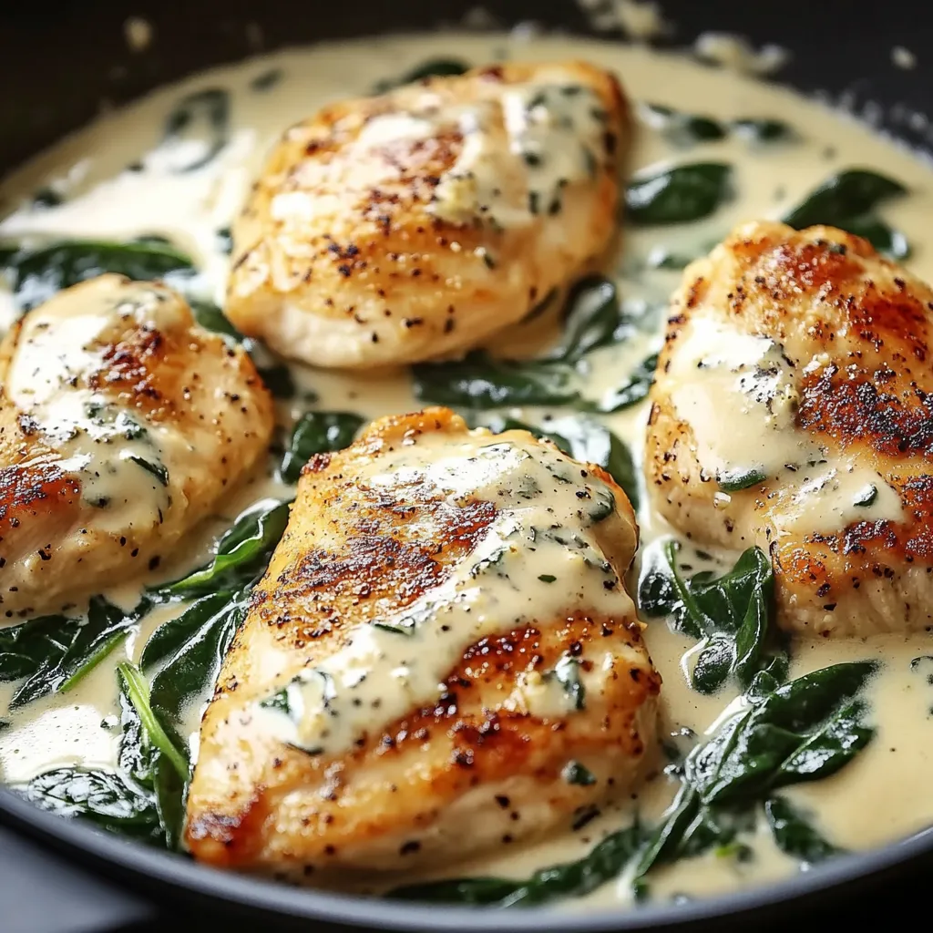 A pan of chicken with spinach and garlic sauce.