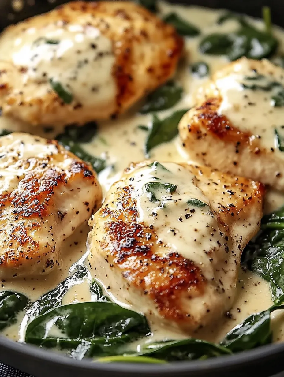 Chicken with sauce and spinach.