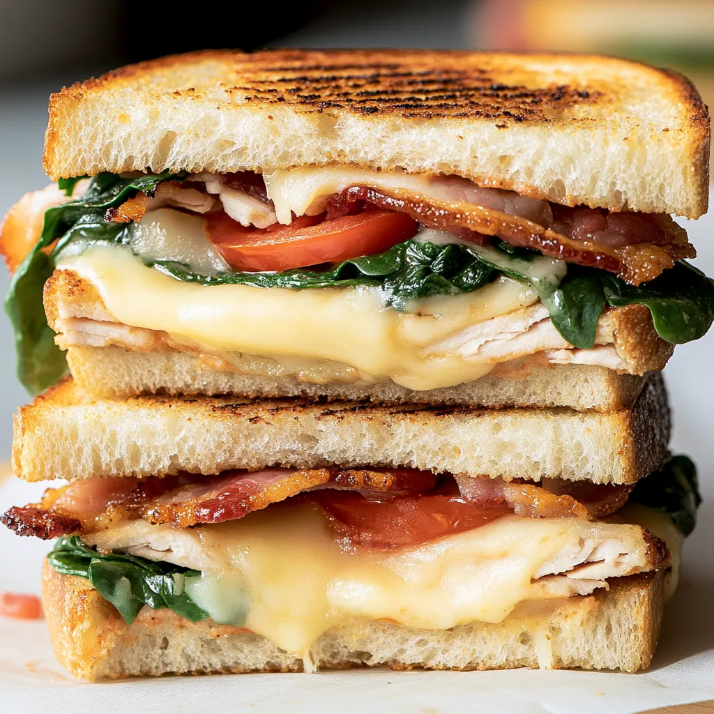 A sandwich with turkey, spinach, and bacon.