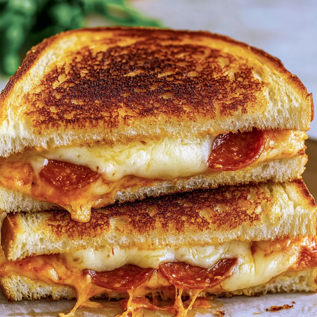 A grilled cheese sandwich with pepperoni on top.
