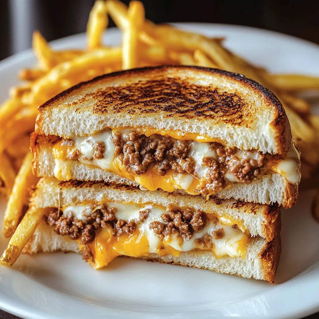 A grilled cheese sandwich with meat in the middle.