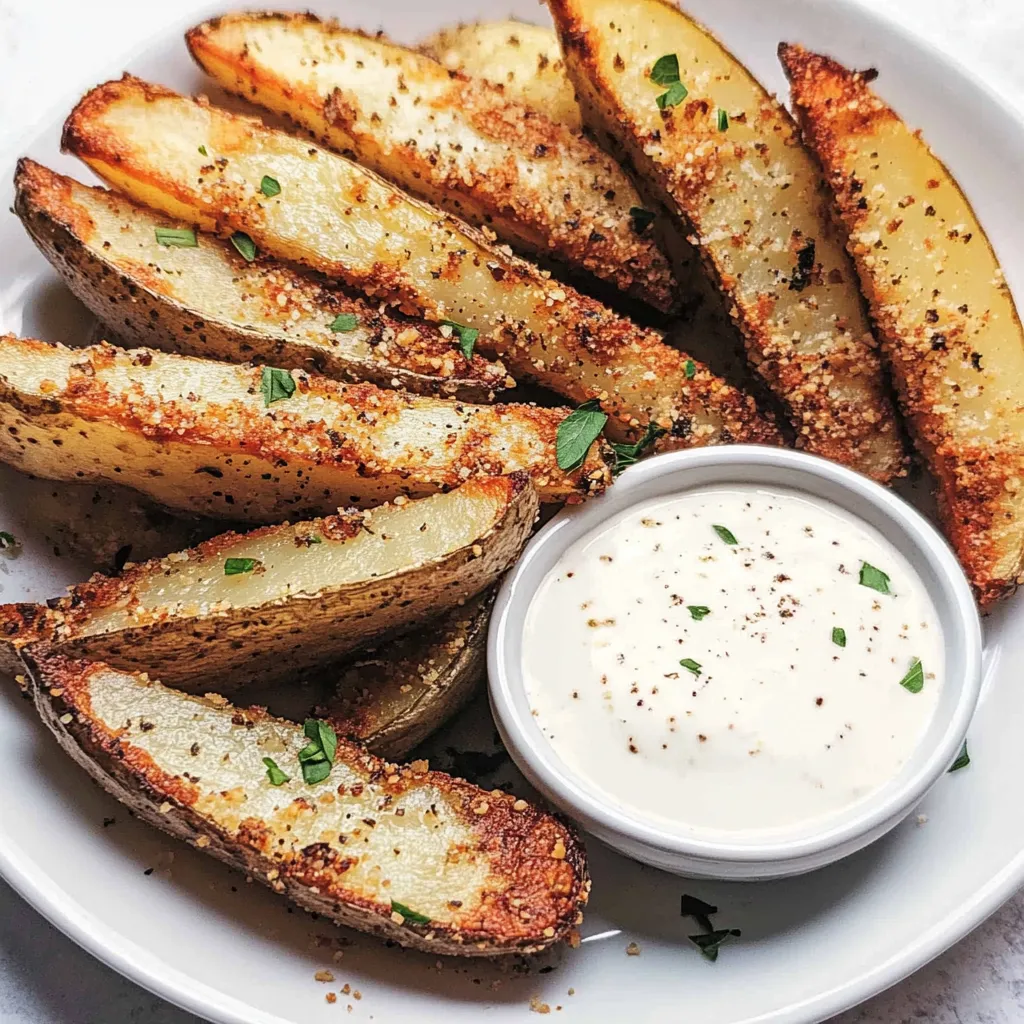A plate of baked garlic parmesan potato wedges.