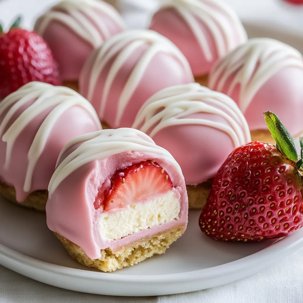 A plate of pink cheesecake bites with strawberries on top.