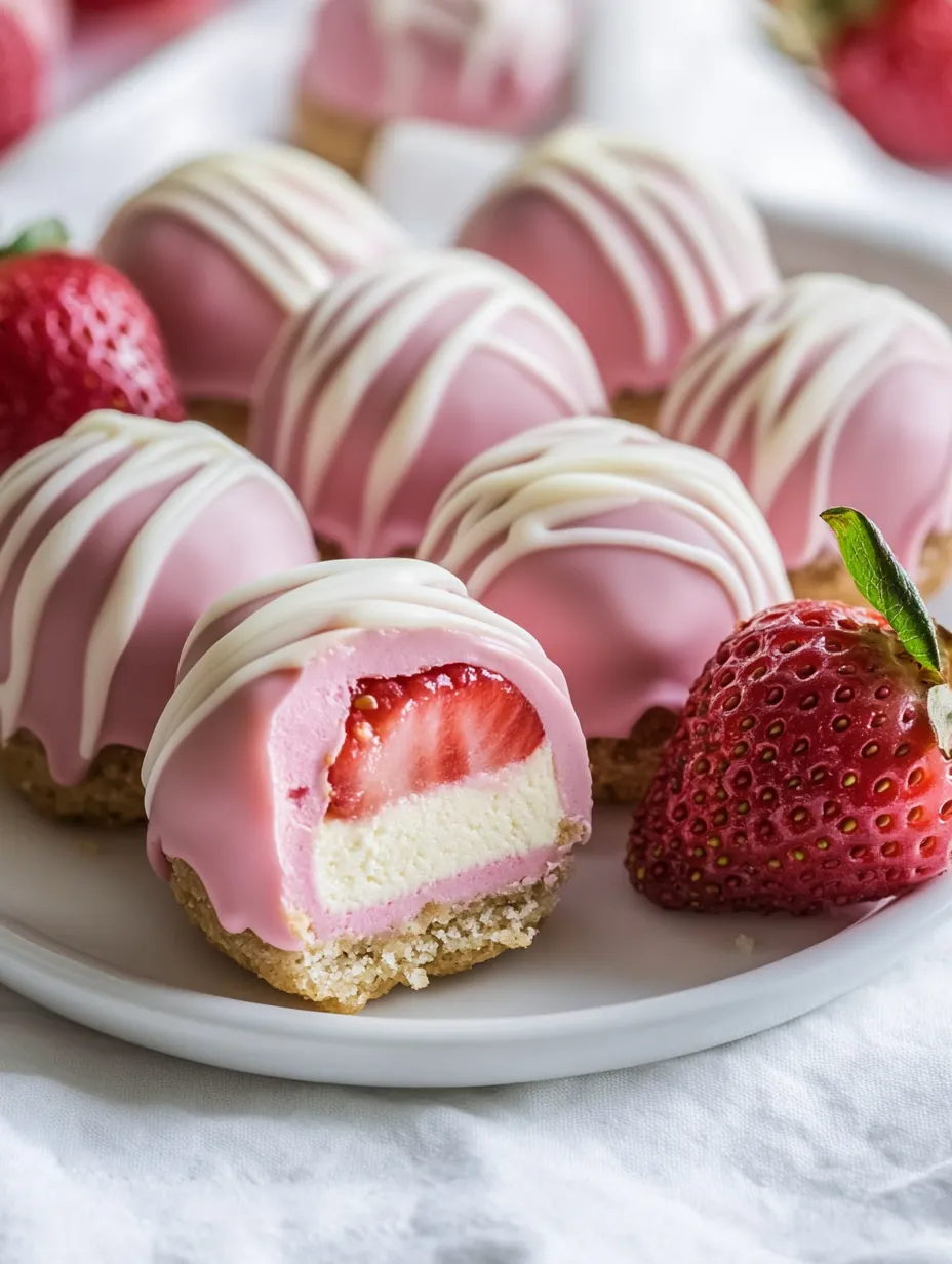 A plate of strawberry cheesecake bites.