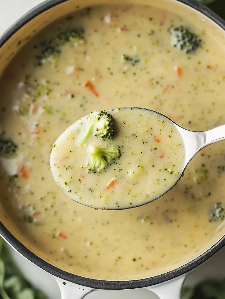 A spoonful of soup with broccoli and carrots.