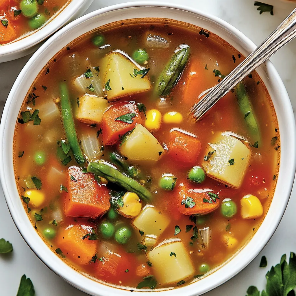 A bowl of soup with peas, carrots, and corn.
