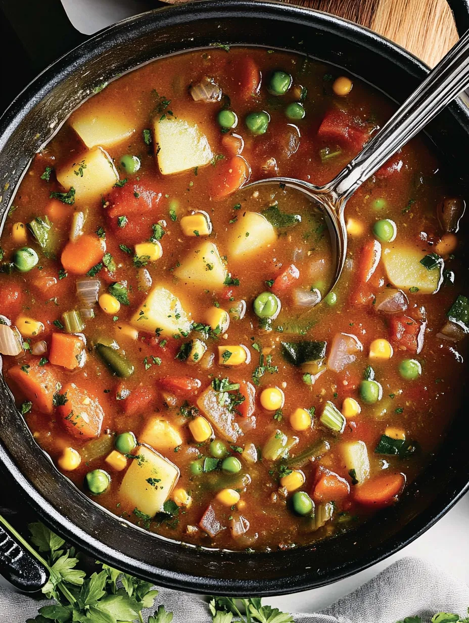 A bowl of soup with vegetables and a spoon.