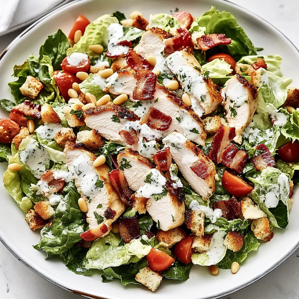 A salad with chicken, bacon, and ranch dressing.