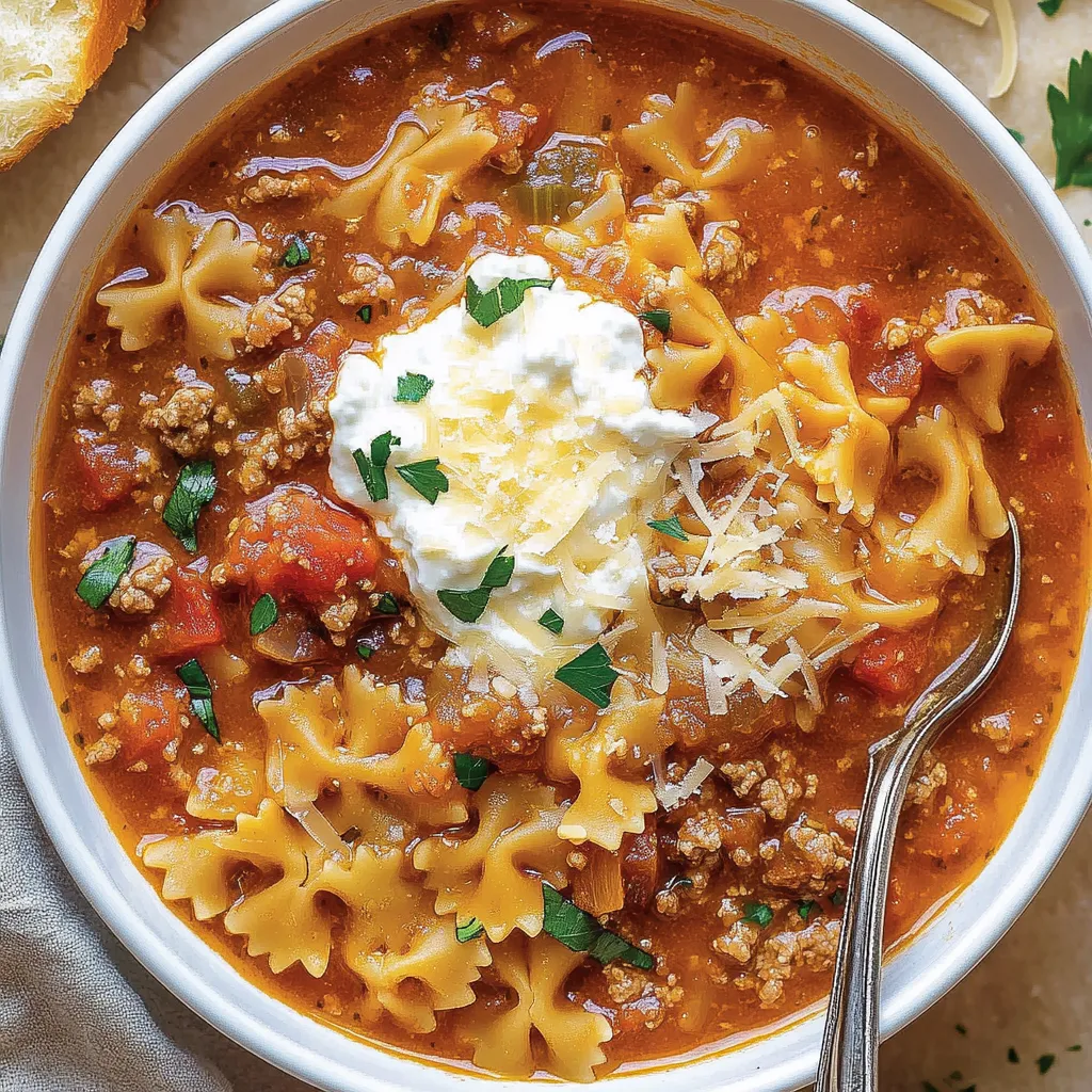 A bowl of lasagna soup with noodles and cheese.