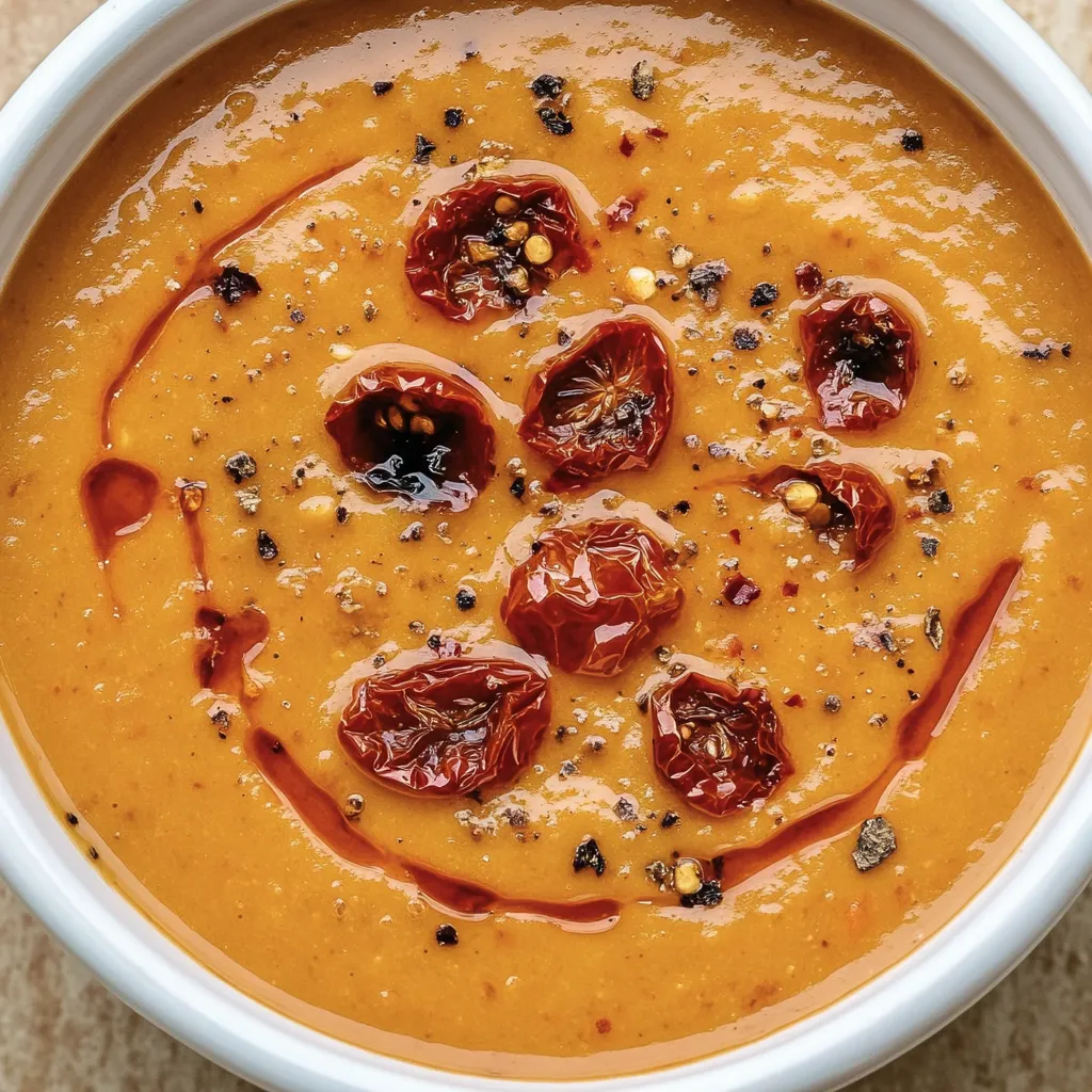 A bowl of creamy roasted garlic tomato soup.
