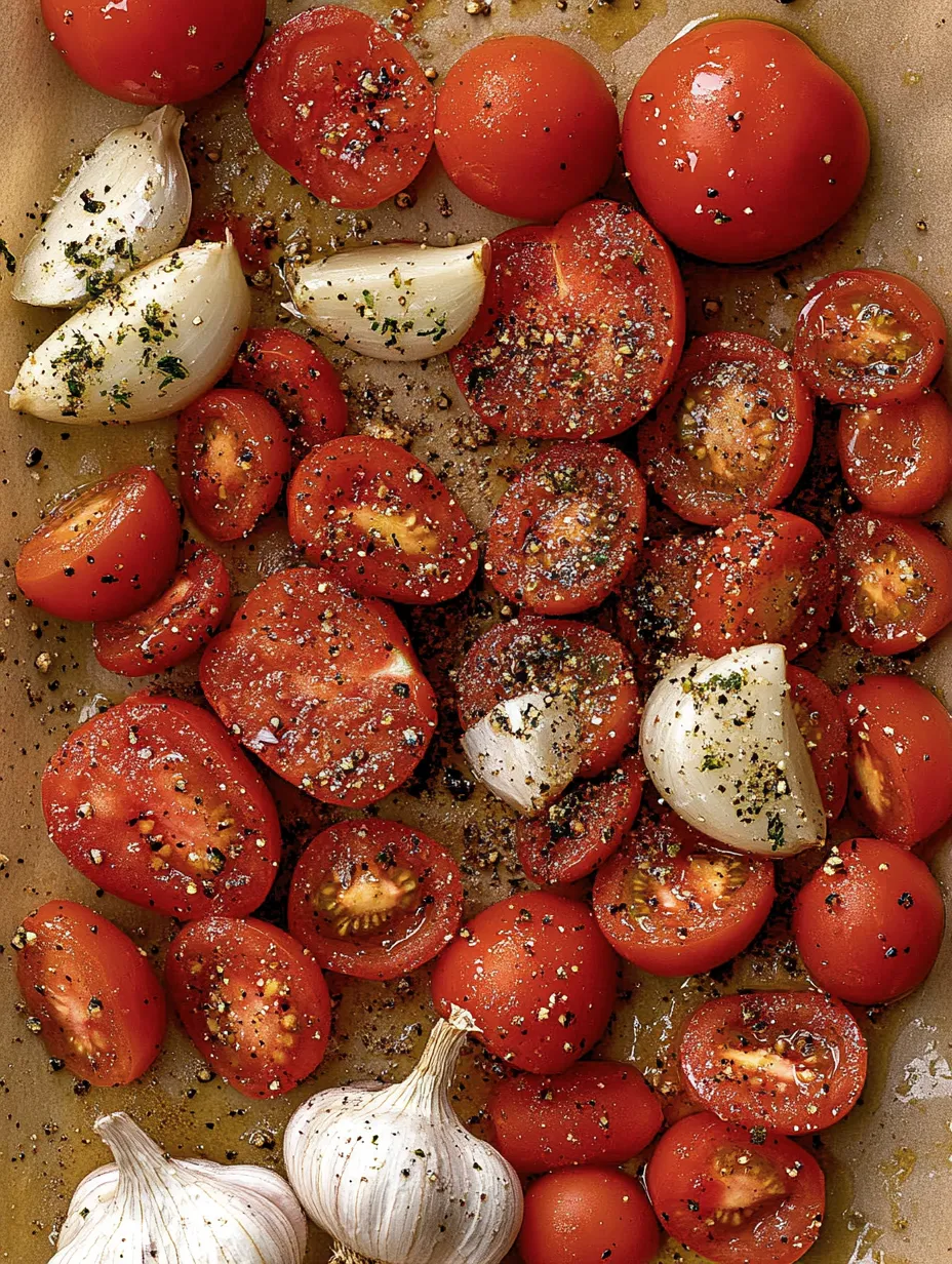 A close up of a tomato with onions and garlic.